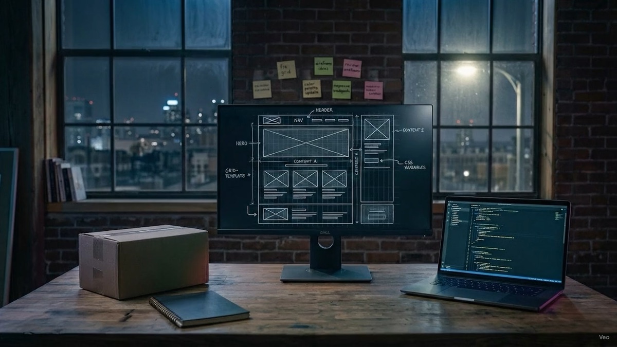 Website wireframes on a monitor beside a code editor in a loft studio