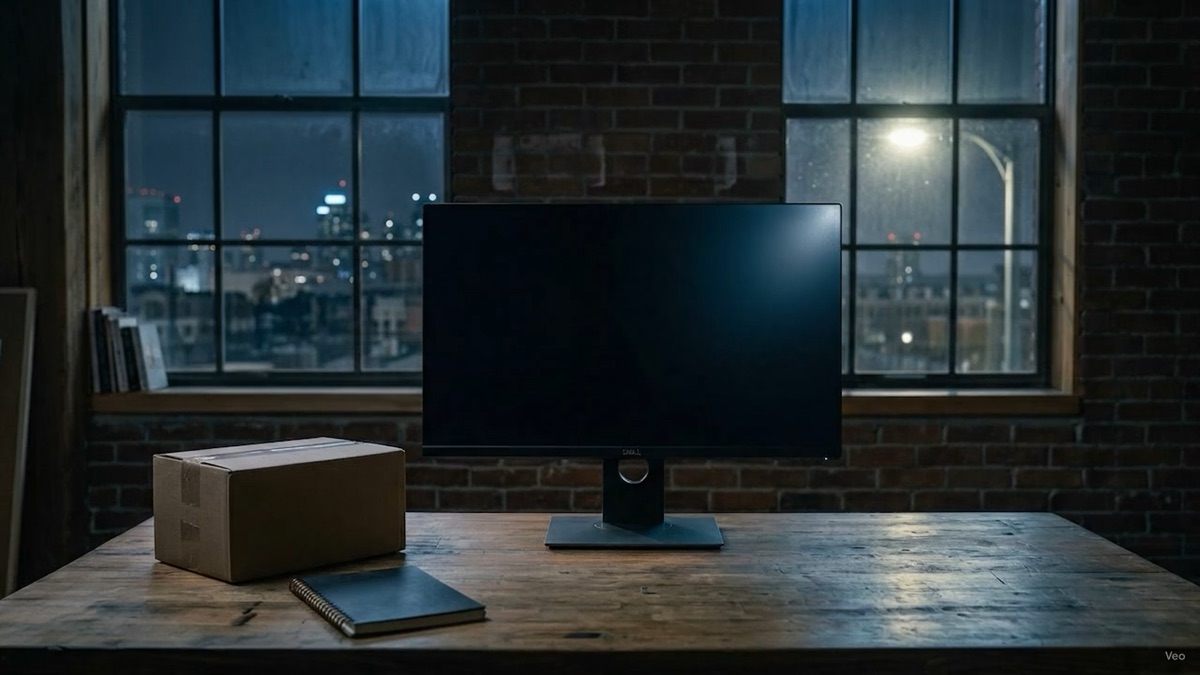 A quiet loft studio desk at night with a dark monitor