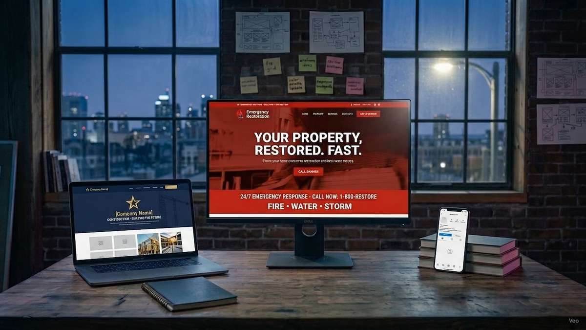 A studio desk with restoration, construction and social sites across three screens